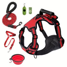 Tactical Service Dog Harness Strap Set, Car Seat Belt, Collapsible Bowl, Biodegradable Trash Bag Set For Dogs (Option: Red-XS)